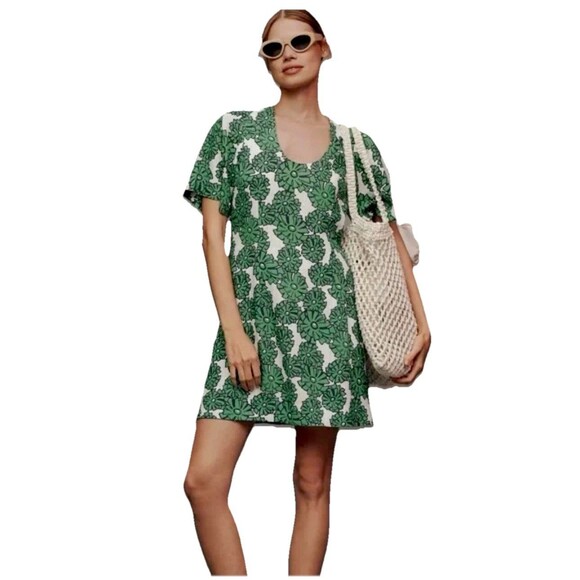 Anthropologie Porridge Green Floral Mini Dress Size Large Linen Blend Retro Mod - Picture 1 of 11